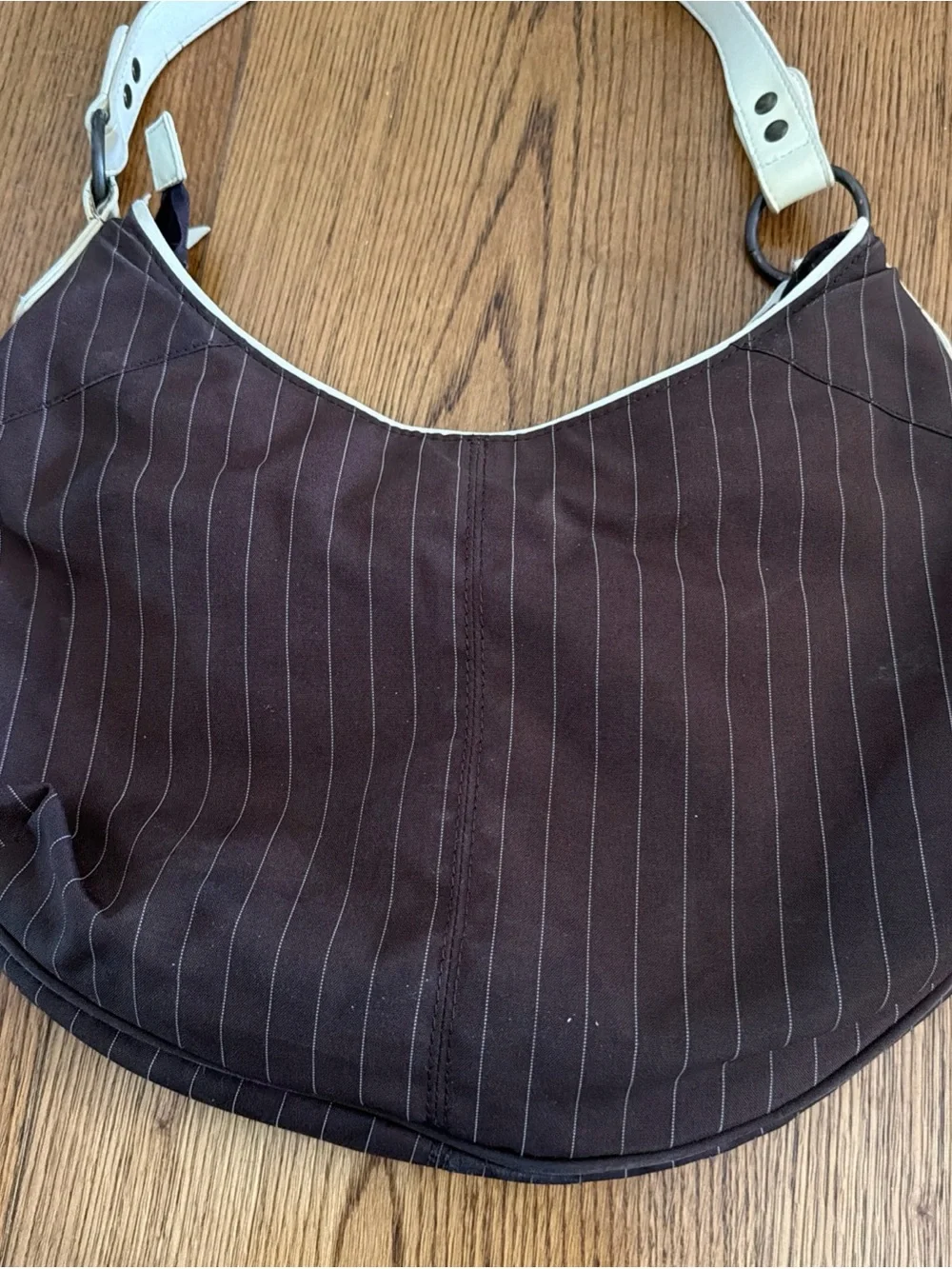 OGIO Brown Pinstripe Hobo Bag with White Trim Vintage